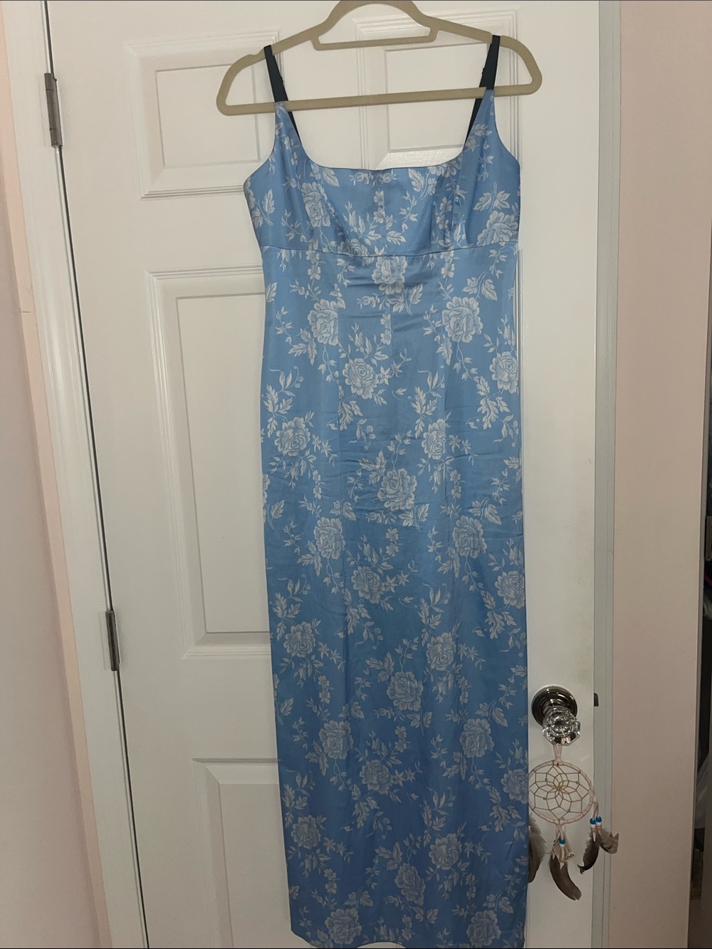 STAUD Light Blue Floral Slip Maxi Dress with White Print